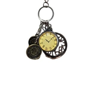 Vintage Bronze Steampunk Clock Charm Necklace 28" Long Eclectic Metal Whimsical